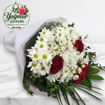 Beyaz Papatya 3 lü Kırmızı Gül Buketi